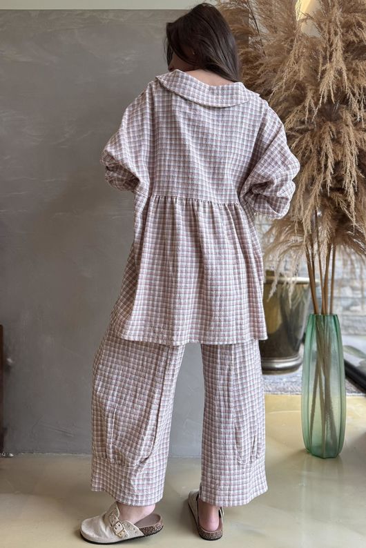 Annie Gingham Peter Pan Smock Blouse Antique Rose